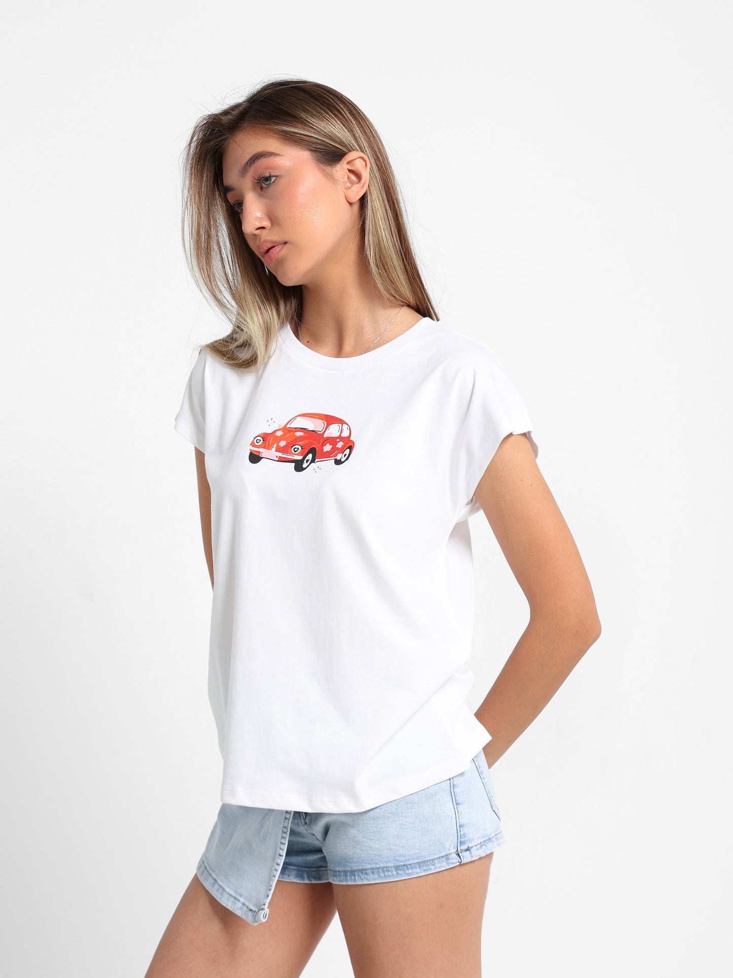 "Car" Print Cap Sleeve T-Shirt