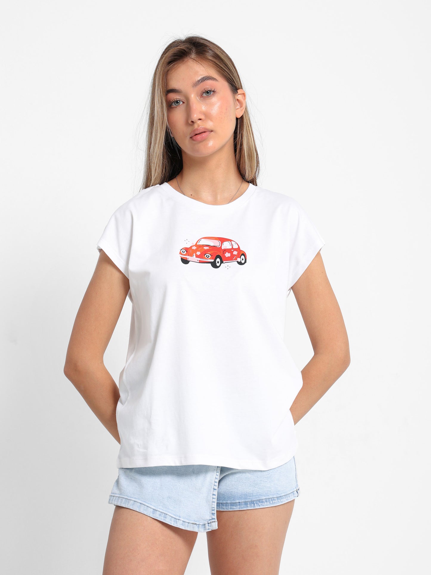 "Car" Print Cap Sleeve T-Shirt