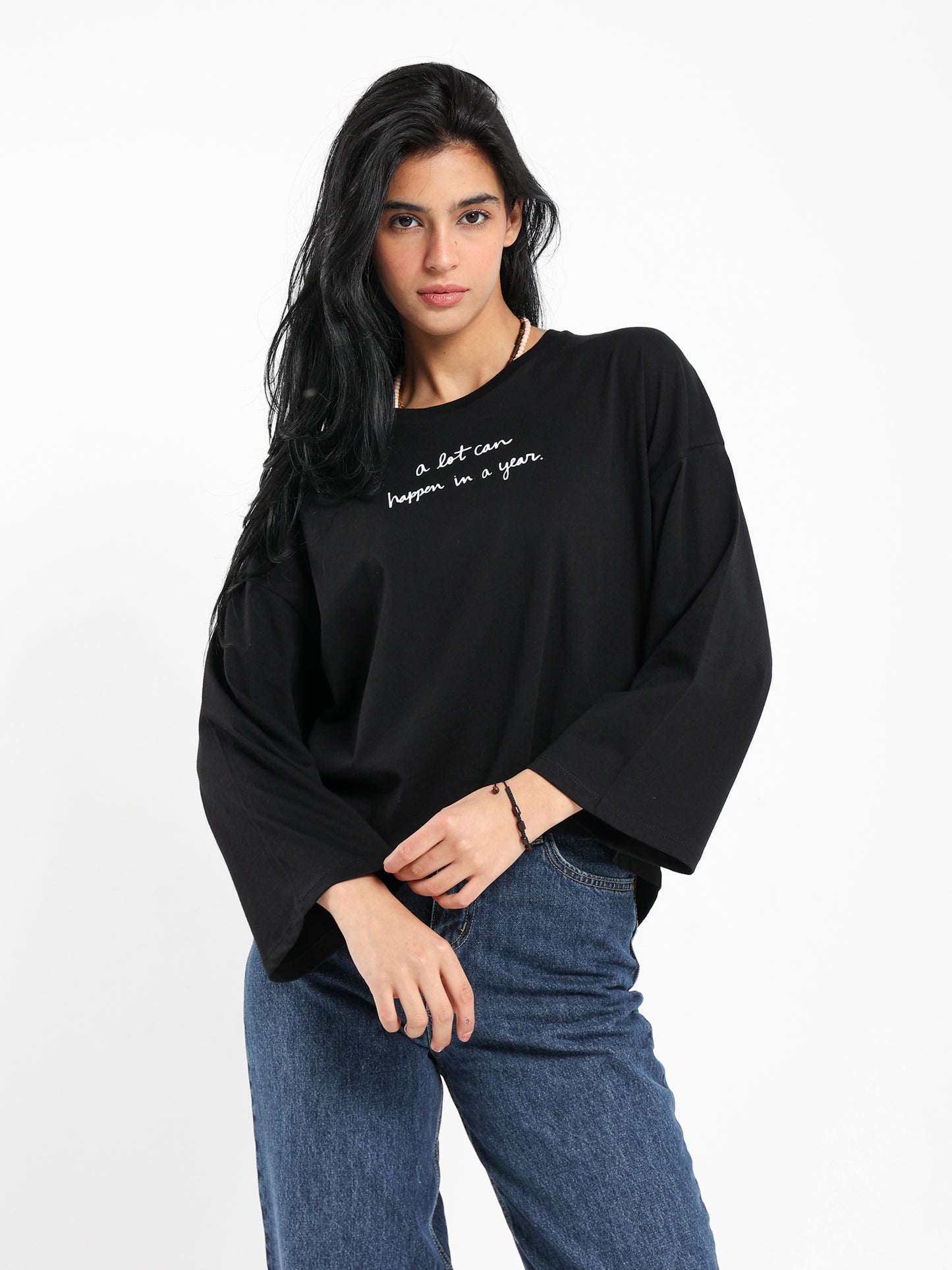 Front Text Print Bell Sleeves T-Shirt