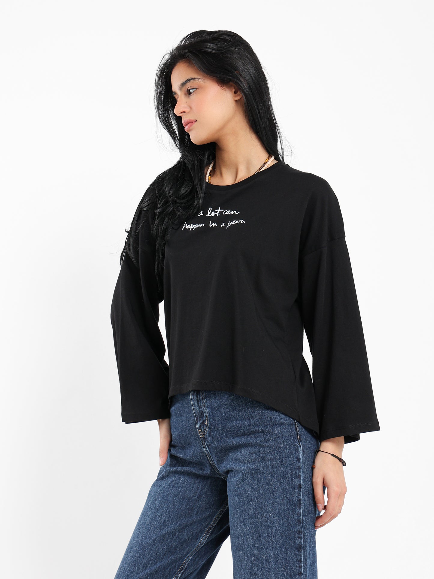 Front Text Print Bell Sleeves T-Shirt