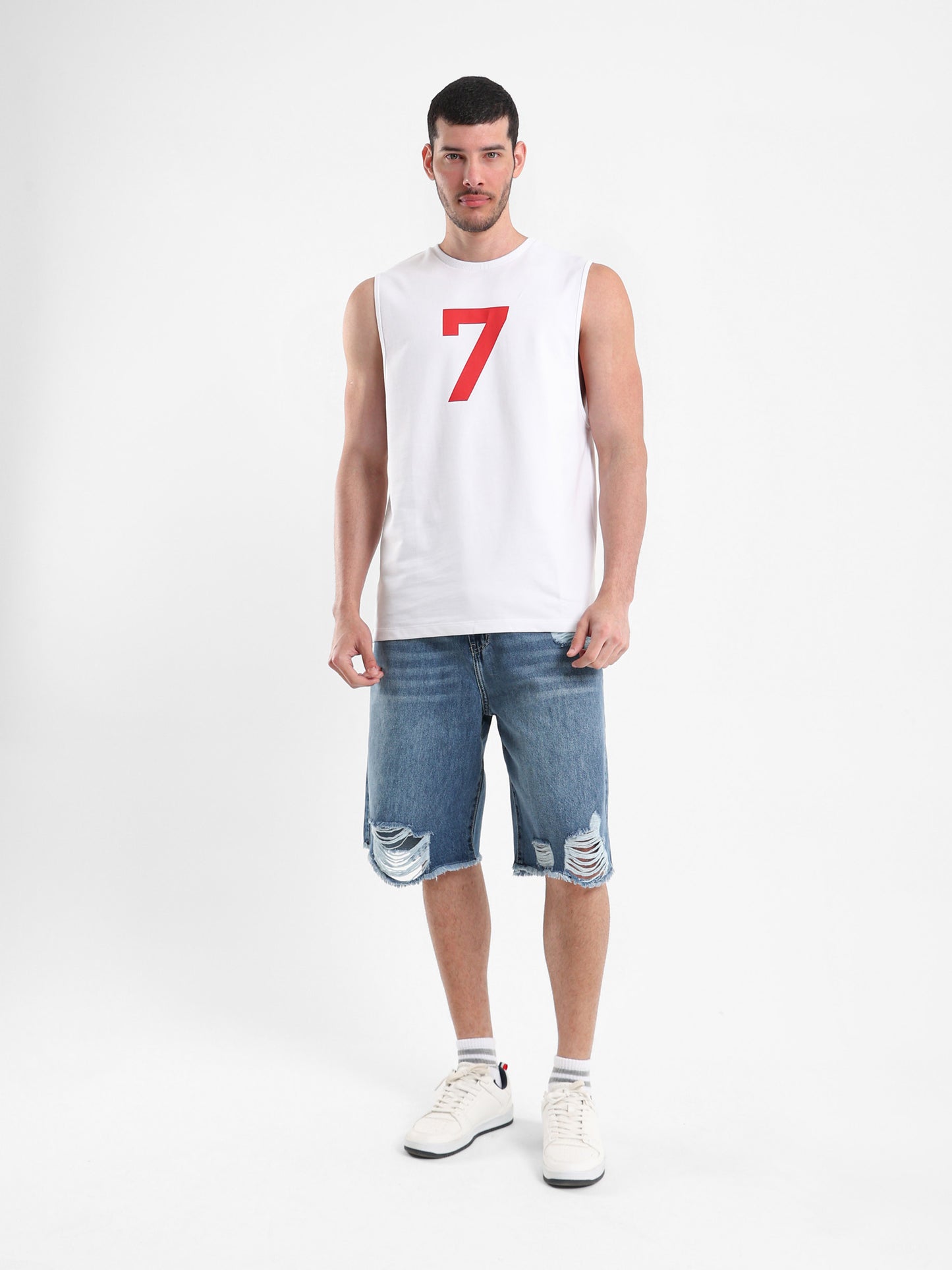 Patched Number Drop Armhole T-Shirt