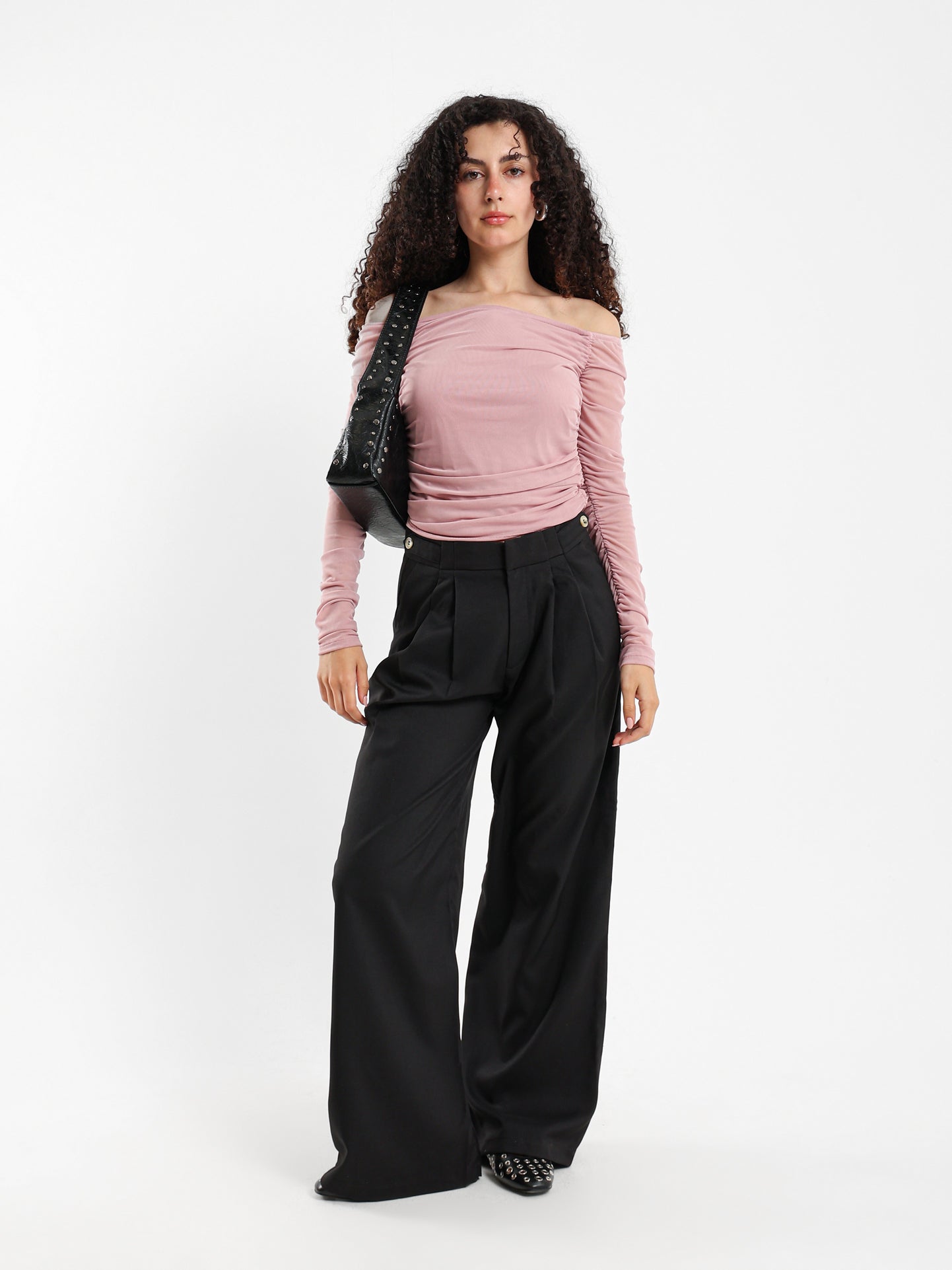 Off-Shoulder Long Sleeve Mesh Top