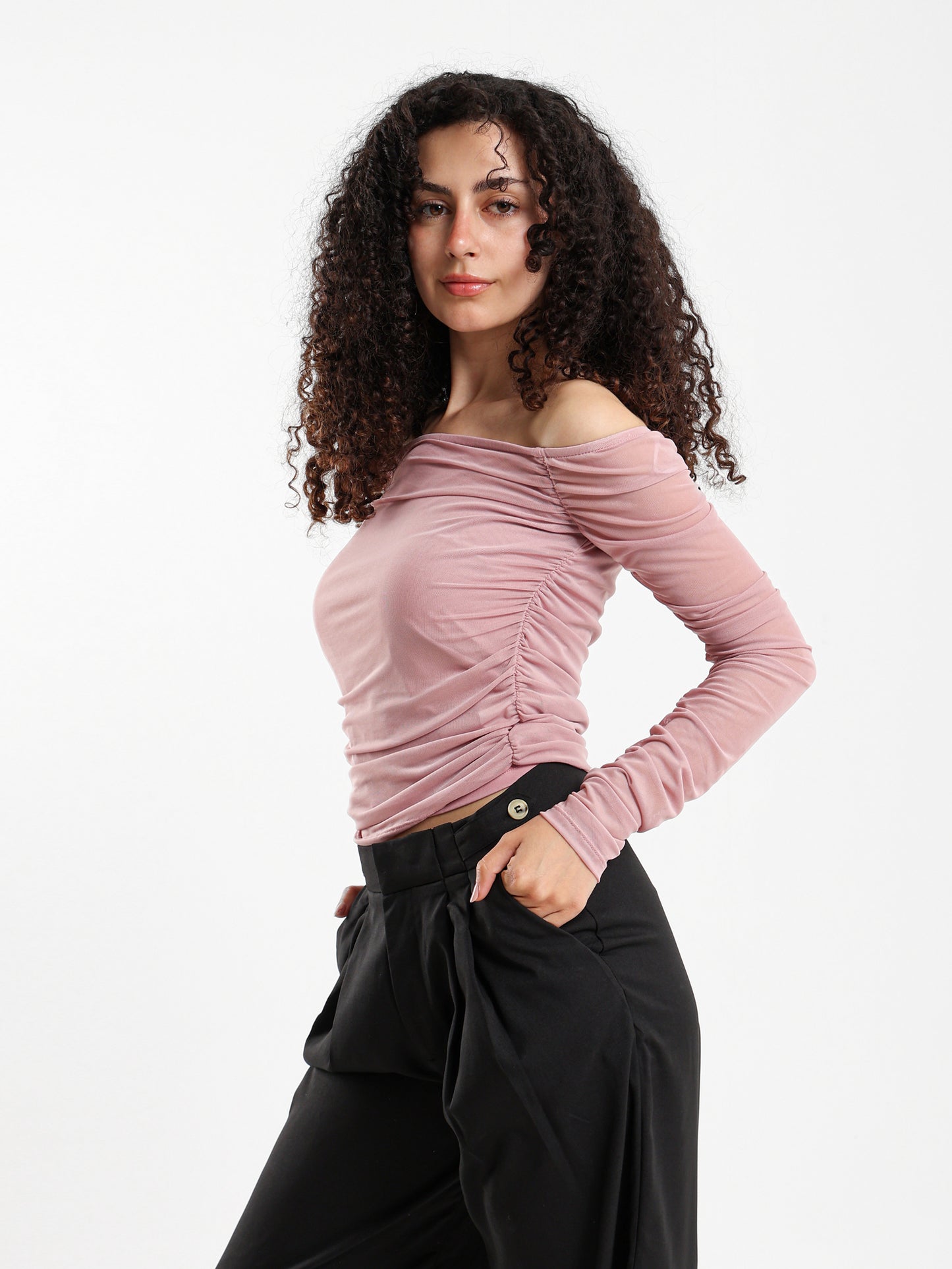Off-Shoulder Long Sleeve Mesh Top