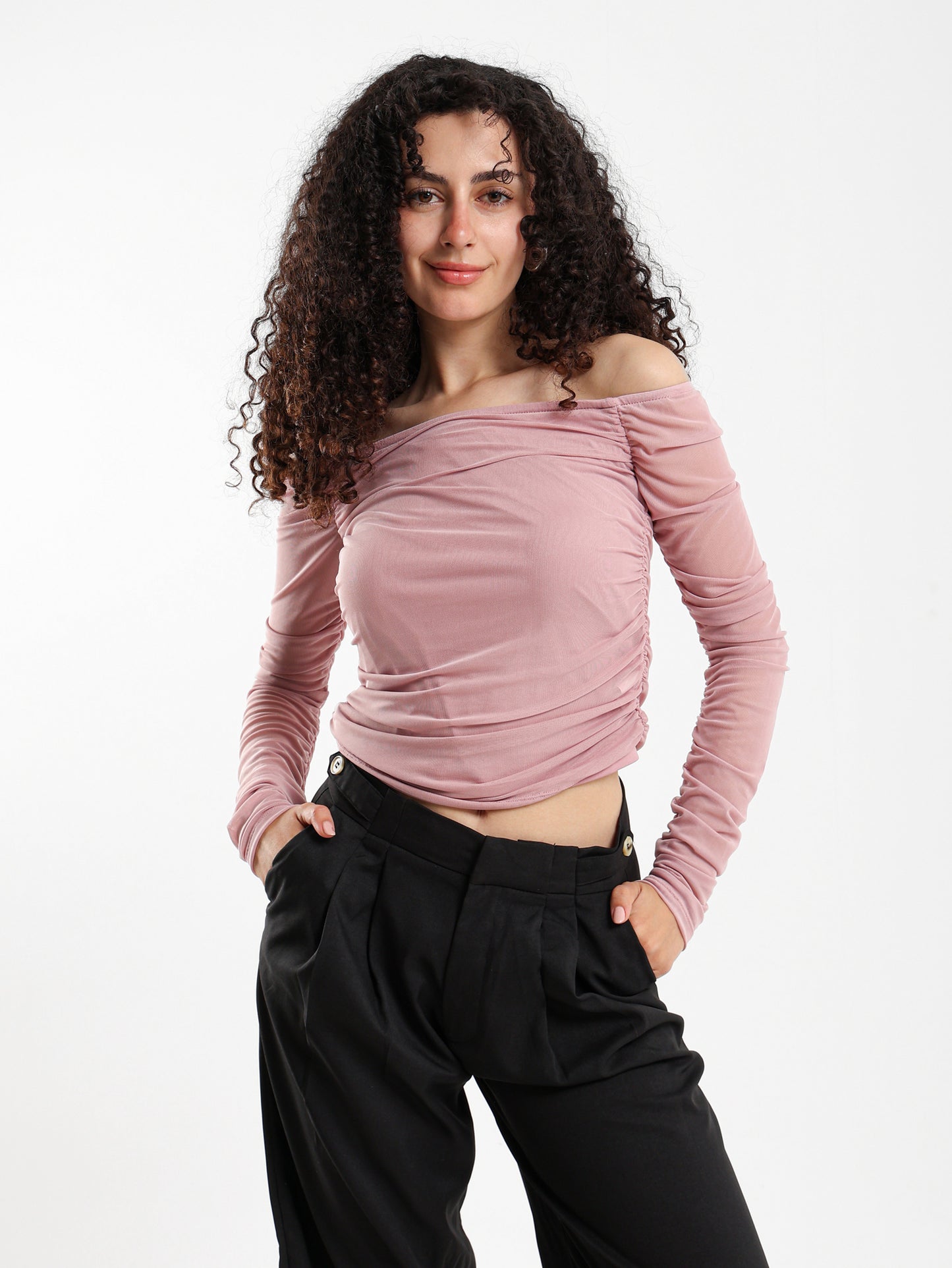 Off-Shoulder Long Sleeve Mesh Top