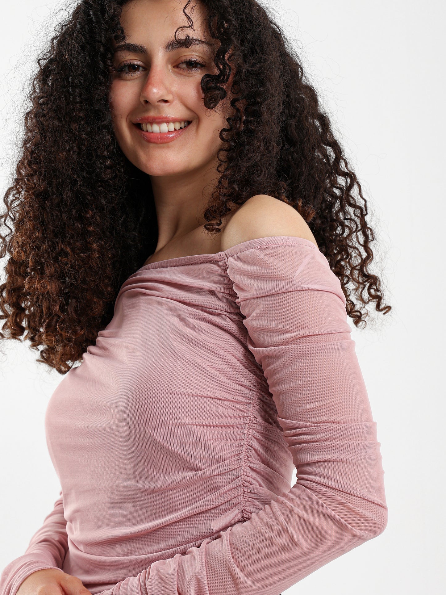 Off-Shoulder Long Sleeve Mesh Top