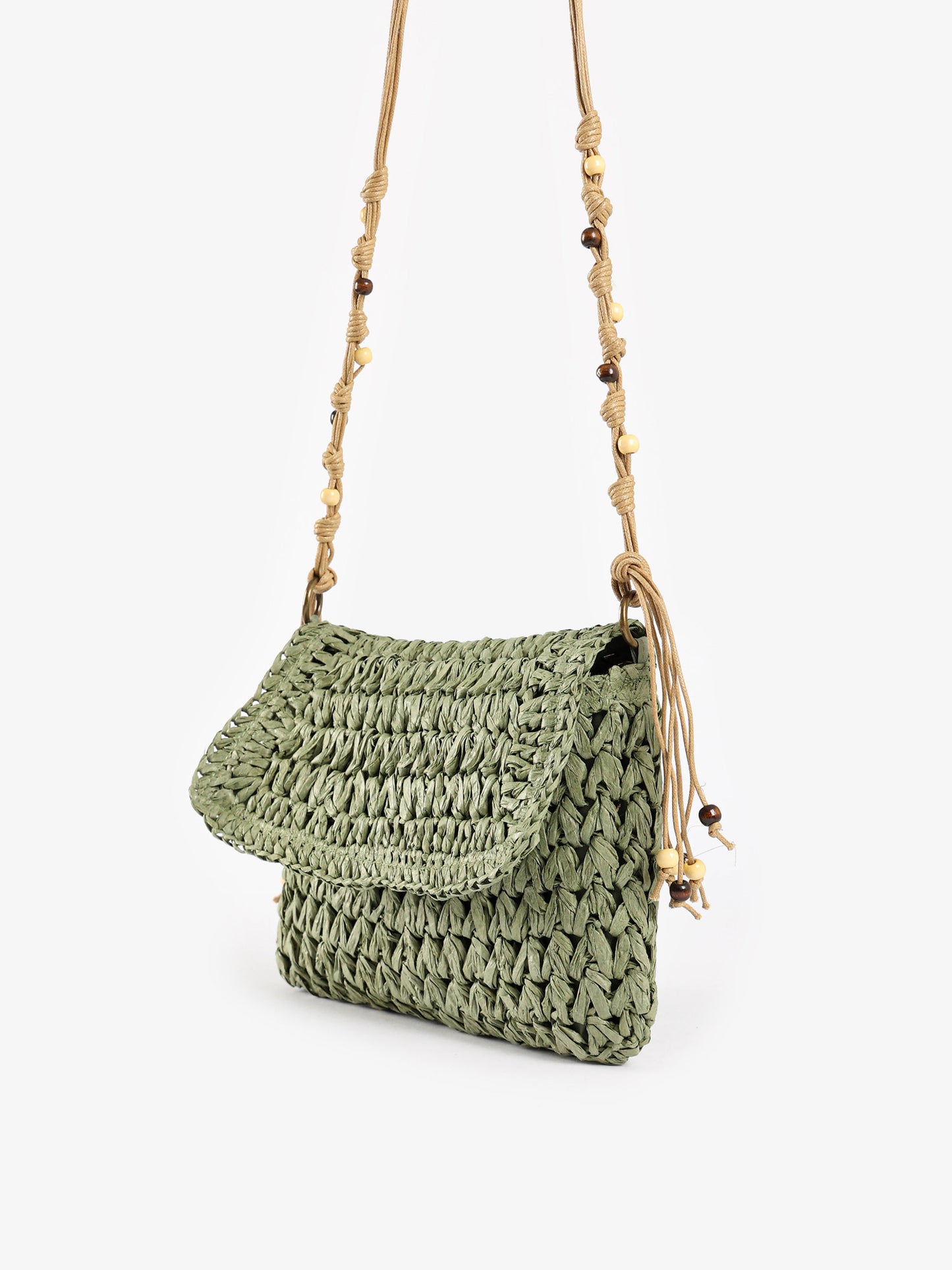 Beaded Macrame Straw Crossbody Bag