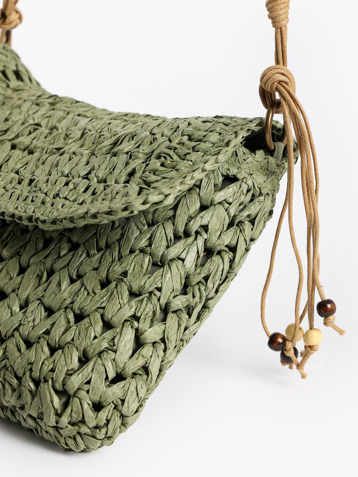 Beaded Macrame Straw Crossbody Bag