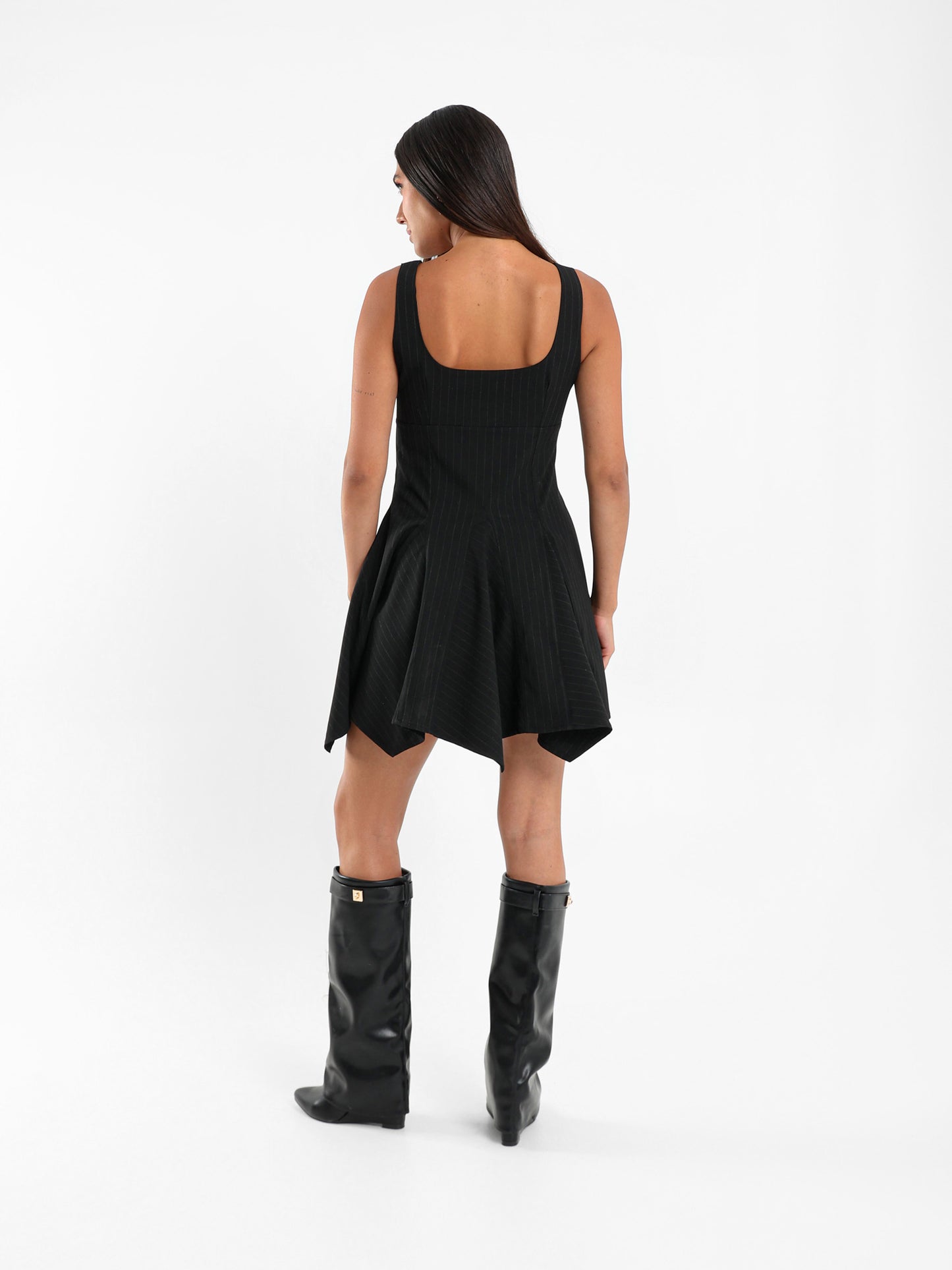 Pinstripe Asymmetric Hem Mini Dress