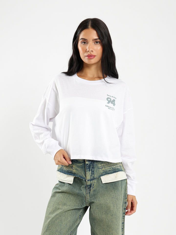 Cropped Long Sleeve Tee With Athletic Print