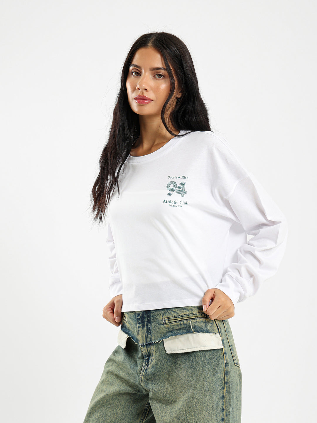 Cropped Long Sleeve Tee With Athletic Print