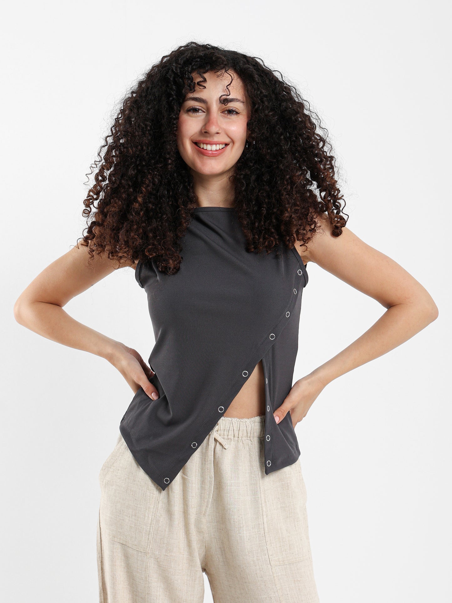 Asymmetric Sleeveless Top with Side Snap Hem