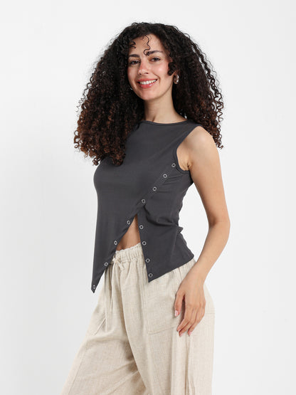 Asymmetric Sleeveless Top with Side Snap Hem