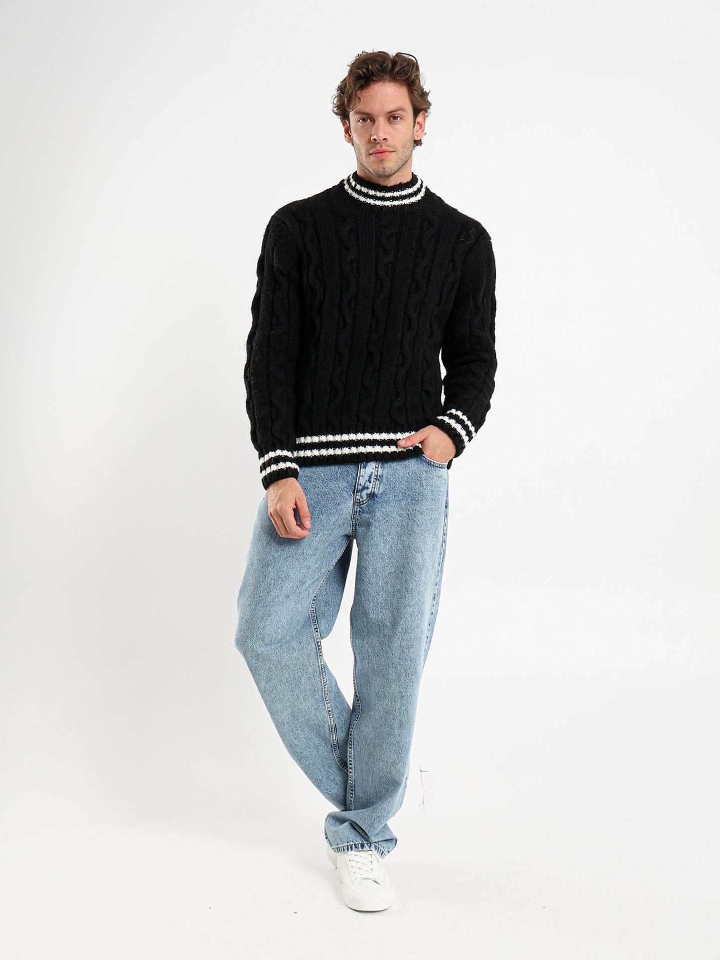 Cable Knit with Striped Hems Pullover