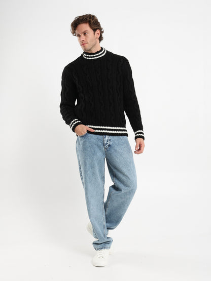 Cable Knit with Striped Hems Pullover