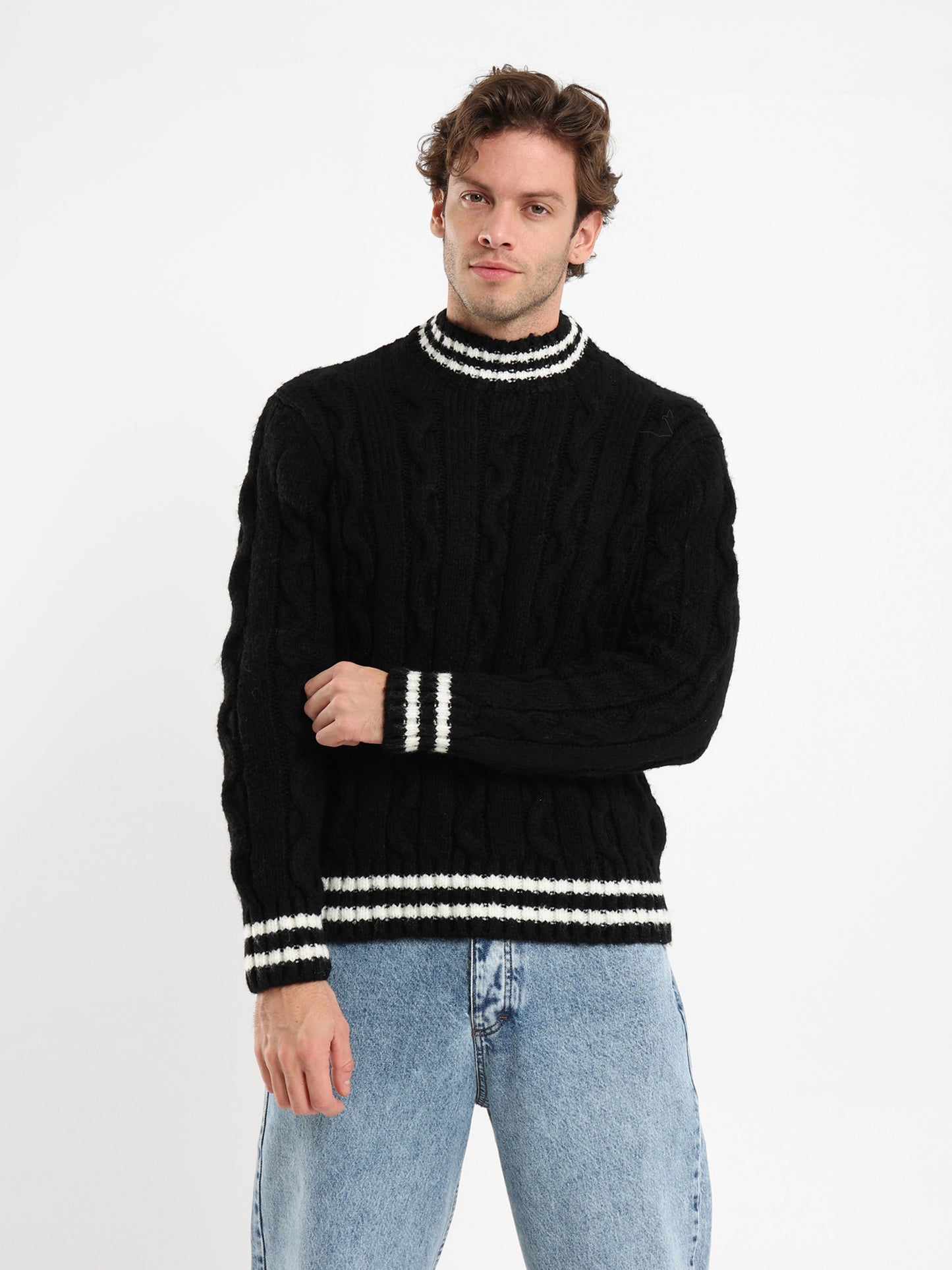 Cable Knit with Striped Hems Pullover