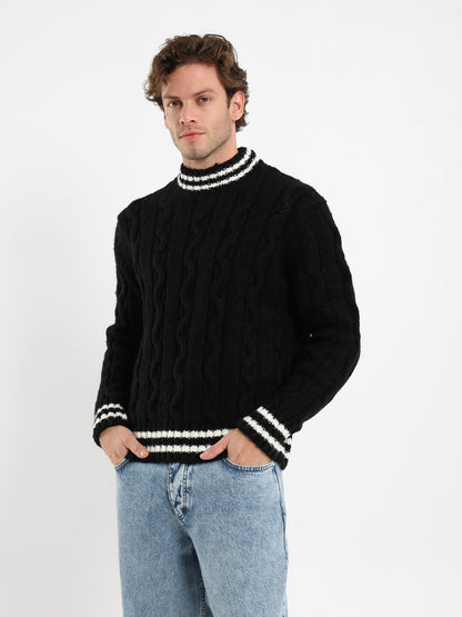 Cable Knit with Striped Hems Pullover