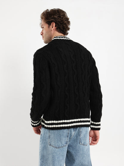 Cable Knit with Striped Hems Pullover