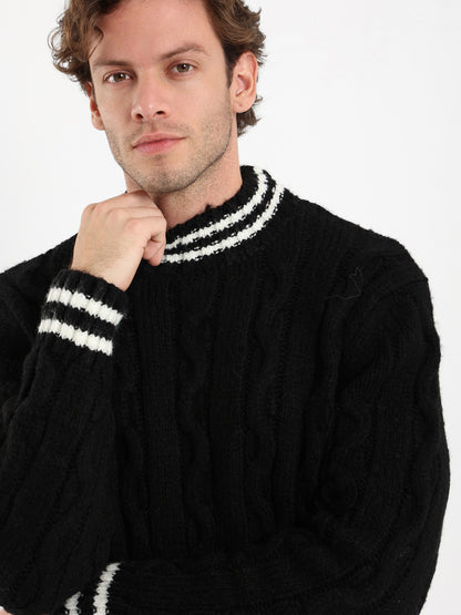 Cable Knit with Striped Hems Pullover