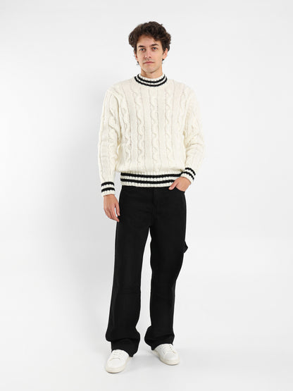 Cable Knit Pullover With Striped Hems