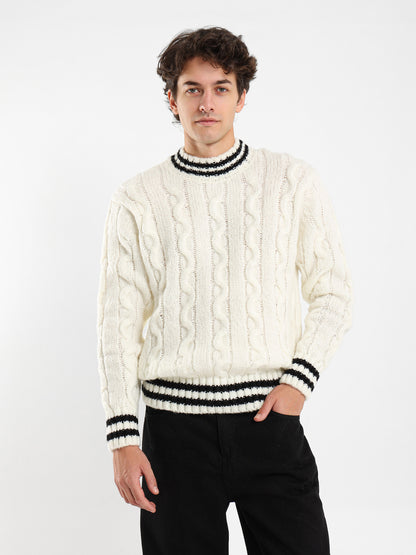 Cable Knit Pullover With Striped Hems
