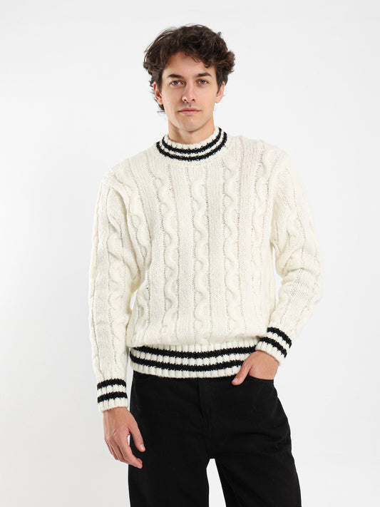 Cable Knit Pullover With Striped Hems