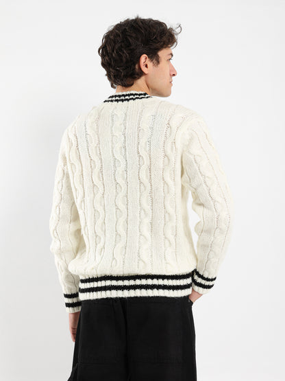 Cable Knit Pullover With Striped Hems