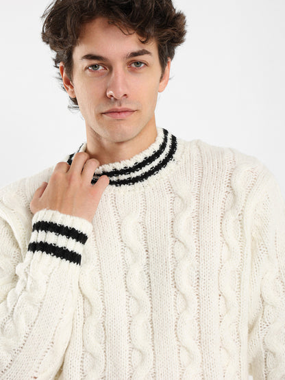 Cable Knit Pullover With Striped Hems