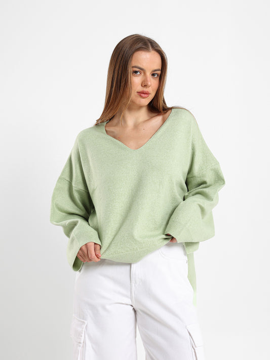 Oversized V Neck Pullover With Slits