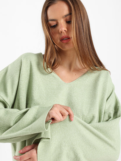 Oversized V Neck Pullover With Slits