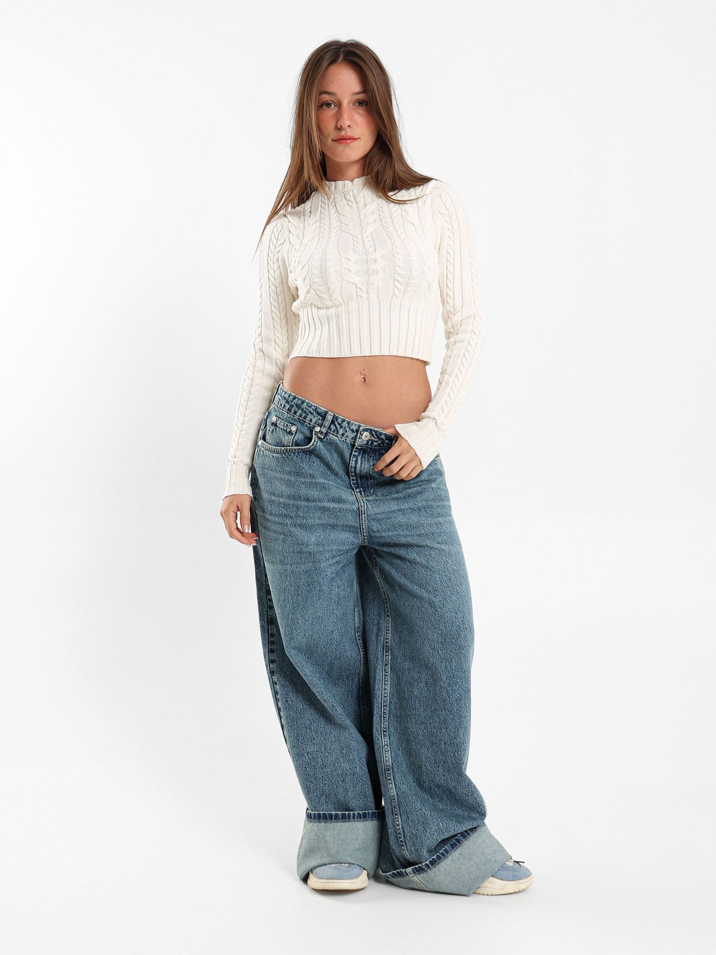 Cropped Fitted Cable Pullover