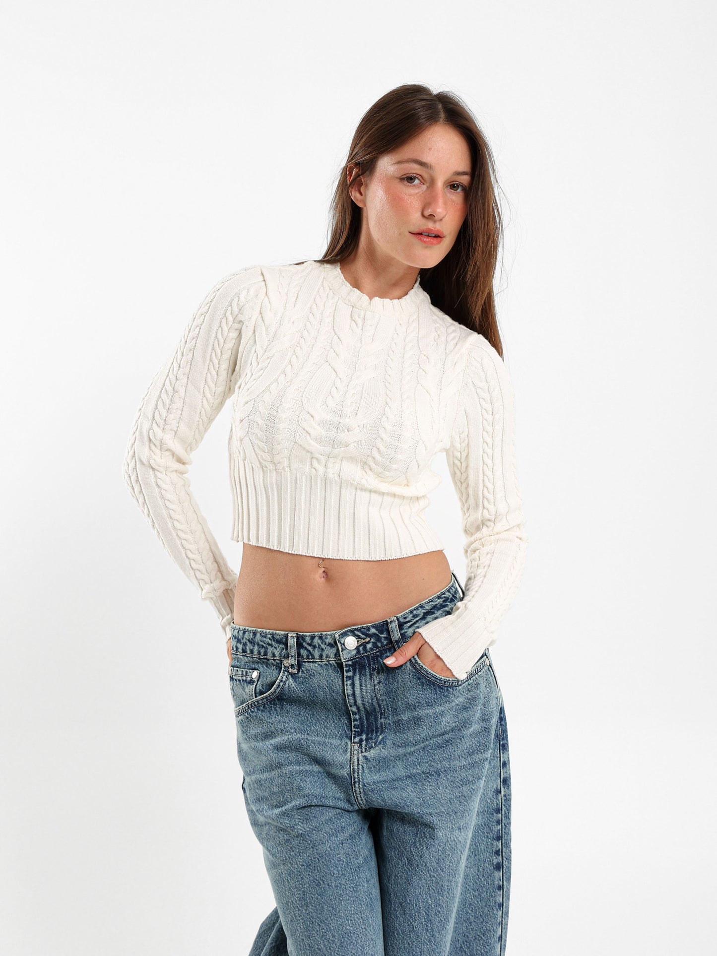 Cropped Fitted Cable Pullover