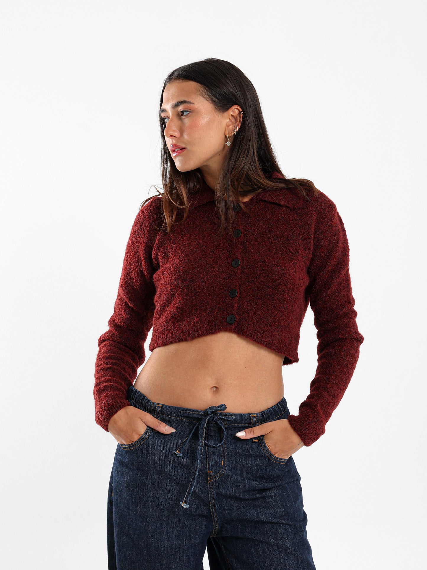 Polo Collar Cropped Cardigan