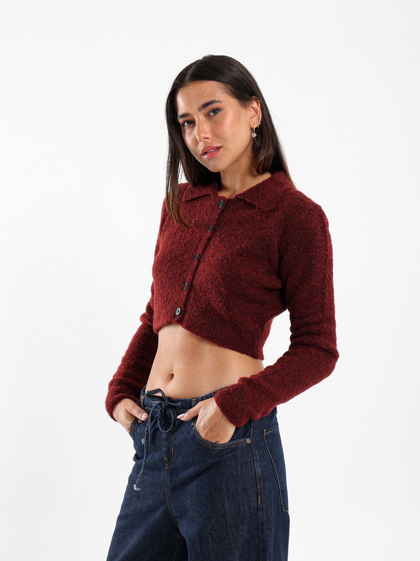 Polo Collar Cropped Cardigan