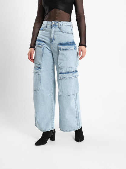 Wide Leg Cargo Jeans with Multiple Pockets