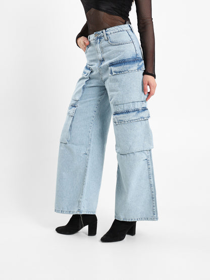 Wide Leg Cargo Jeans with Multiple Pockets