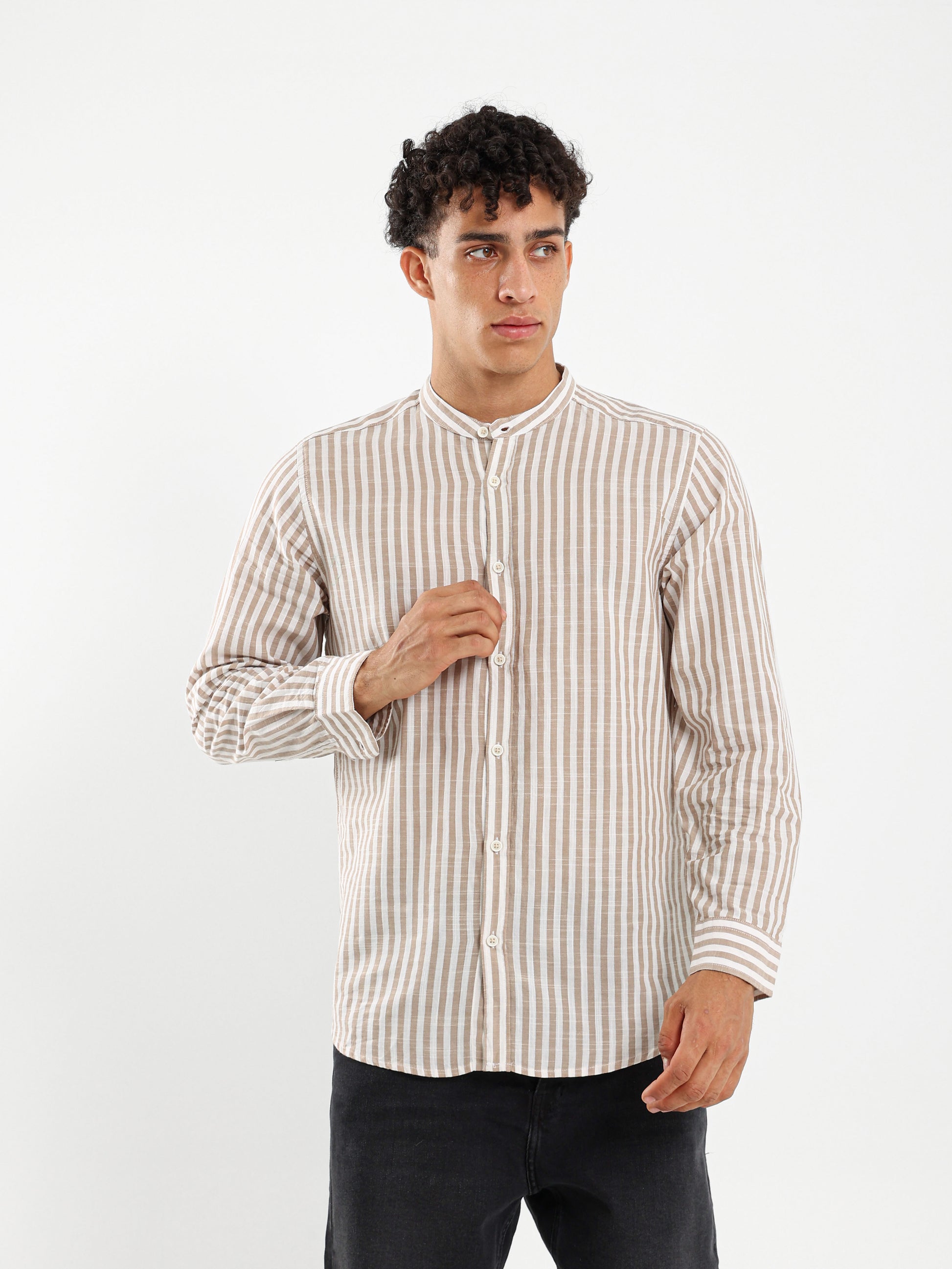 Linen Striped Grandad Collar Shirt – OR Linen Striped Grandad Collar Shirt – OR