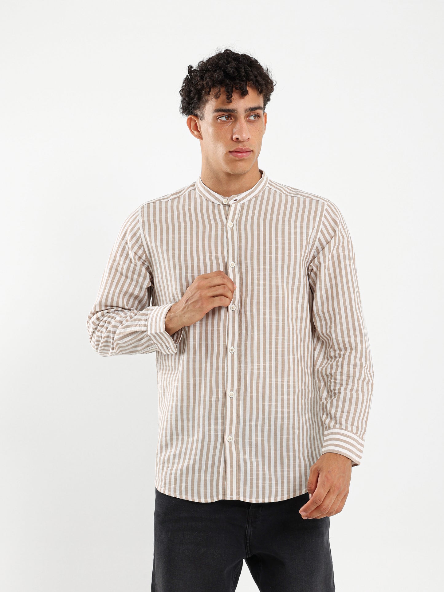 Linen Striped Grandad Collar Shirt