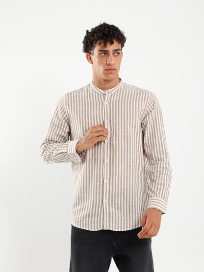 Linen Striped Grandad Collar Shirt