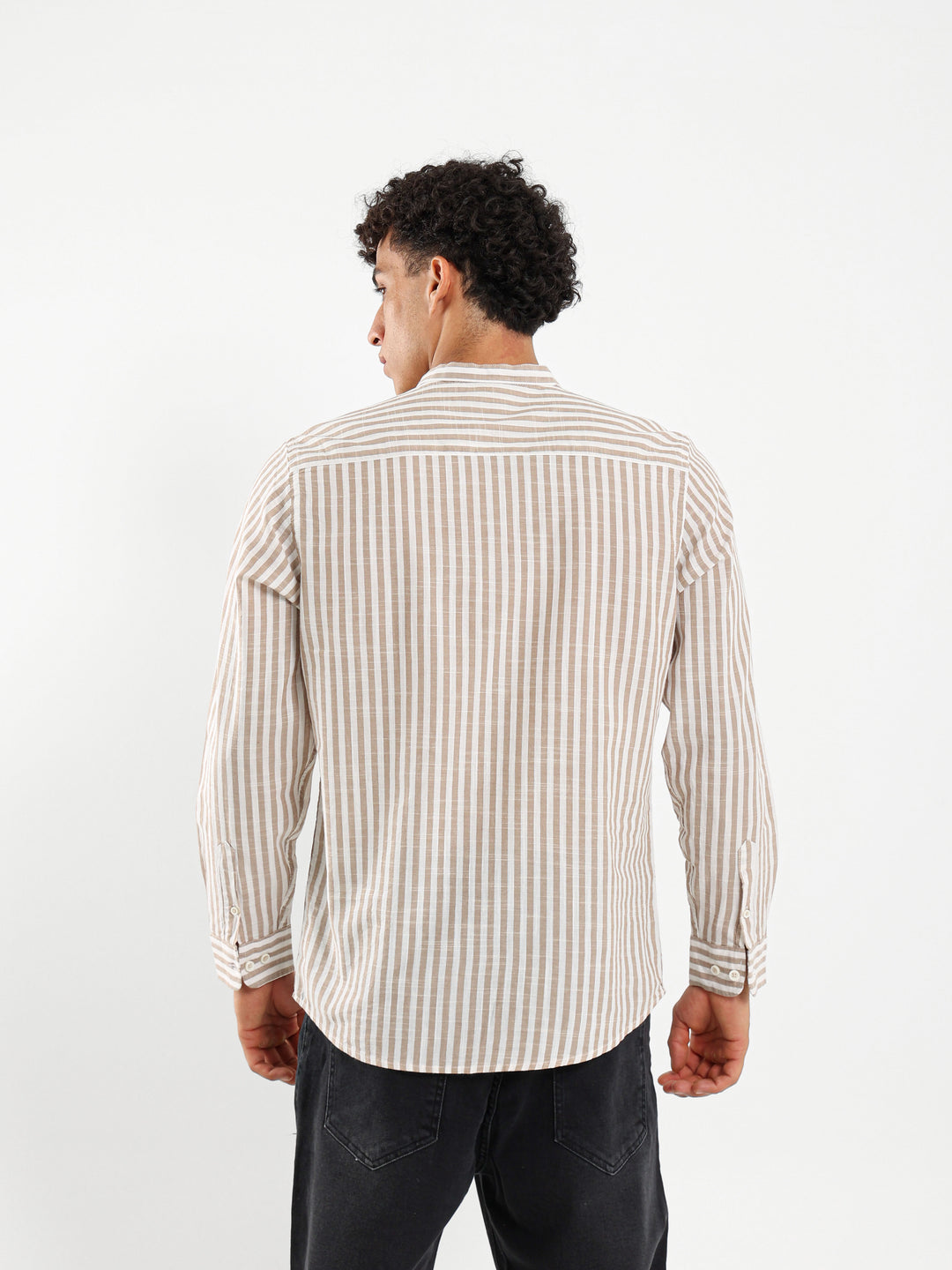 Linen Striped Grandad Collar Shirt