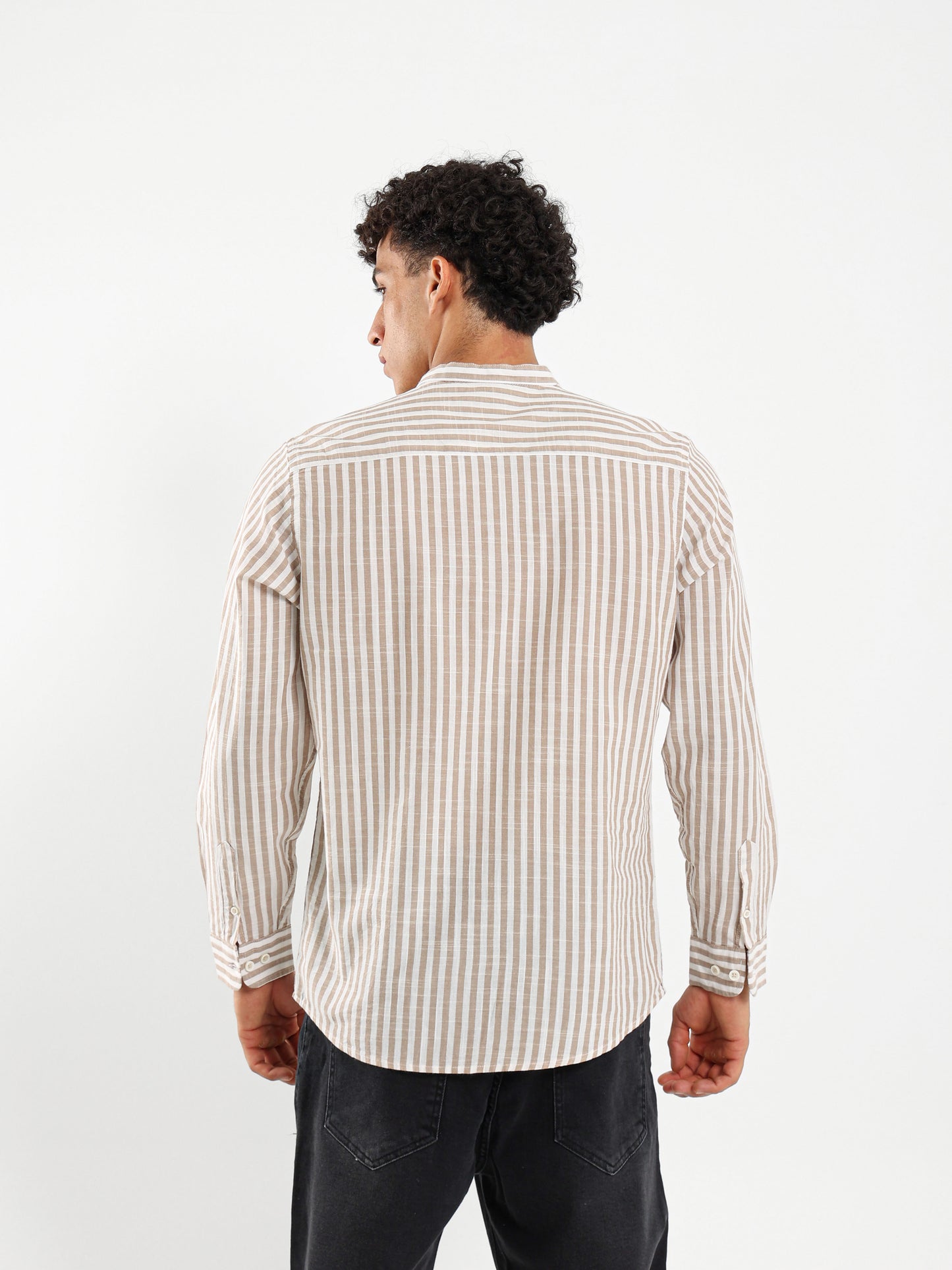 Linen Striped Grandad Collar Shirt