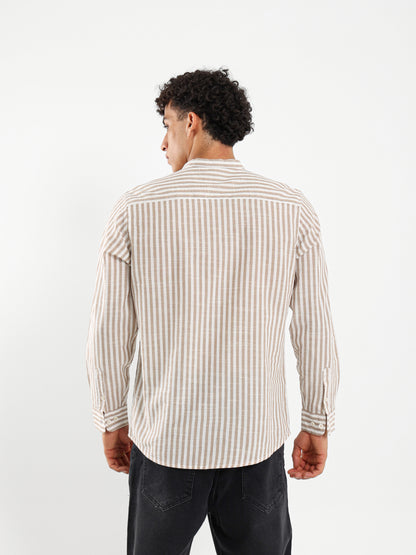 Linen Striped Grandad Collar Shirt
