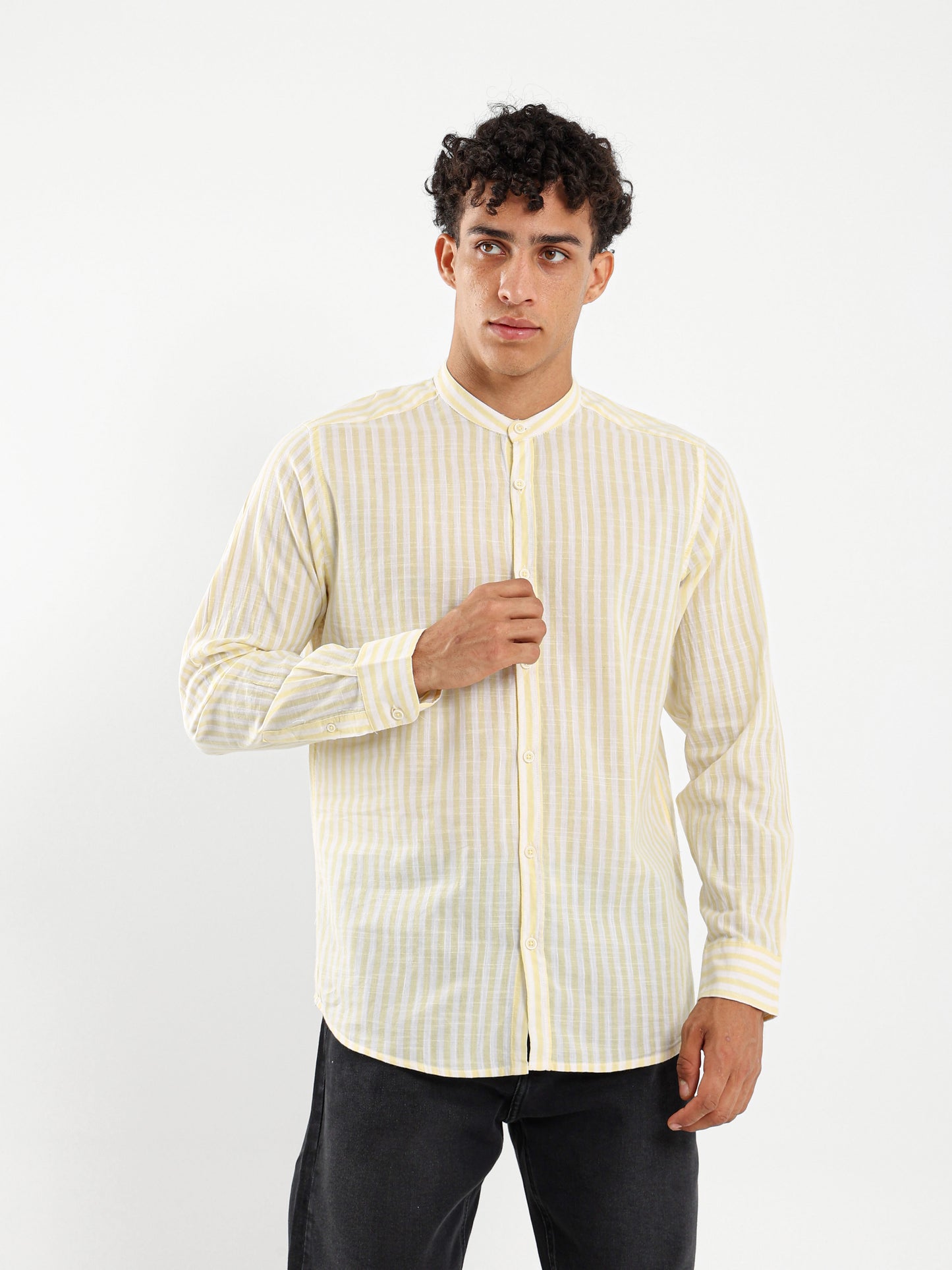 Linen Striped Grandad Collar Shirt