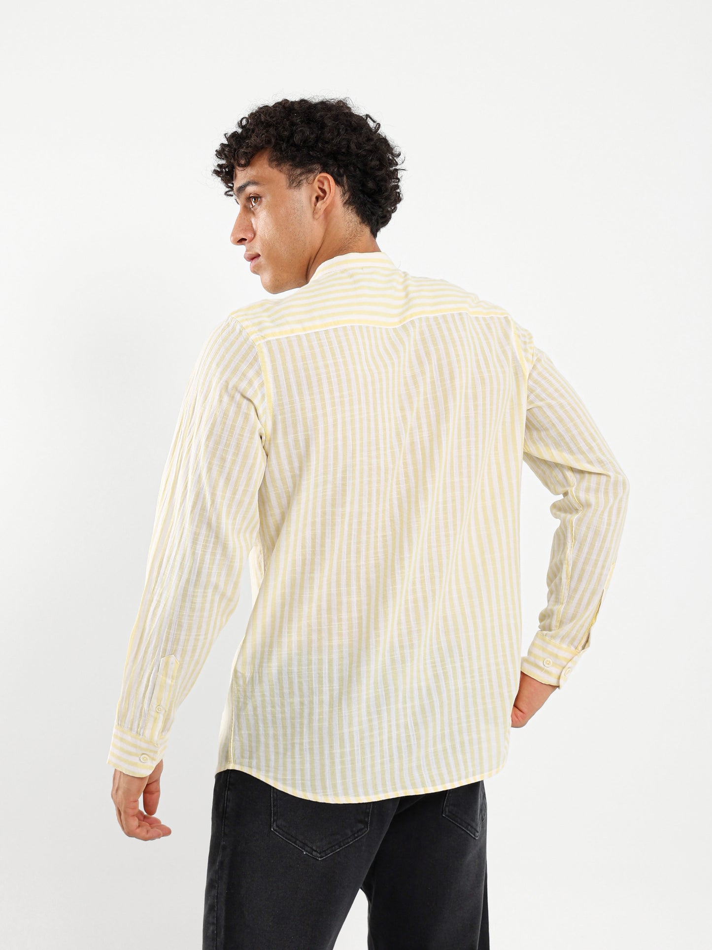 Linen Striped Grandad Collar Shirt