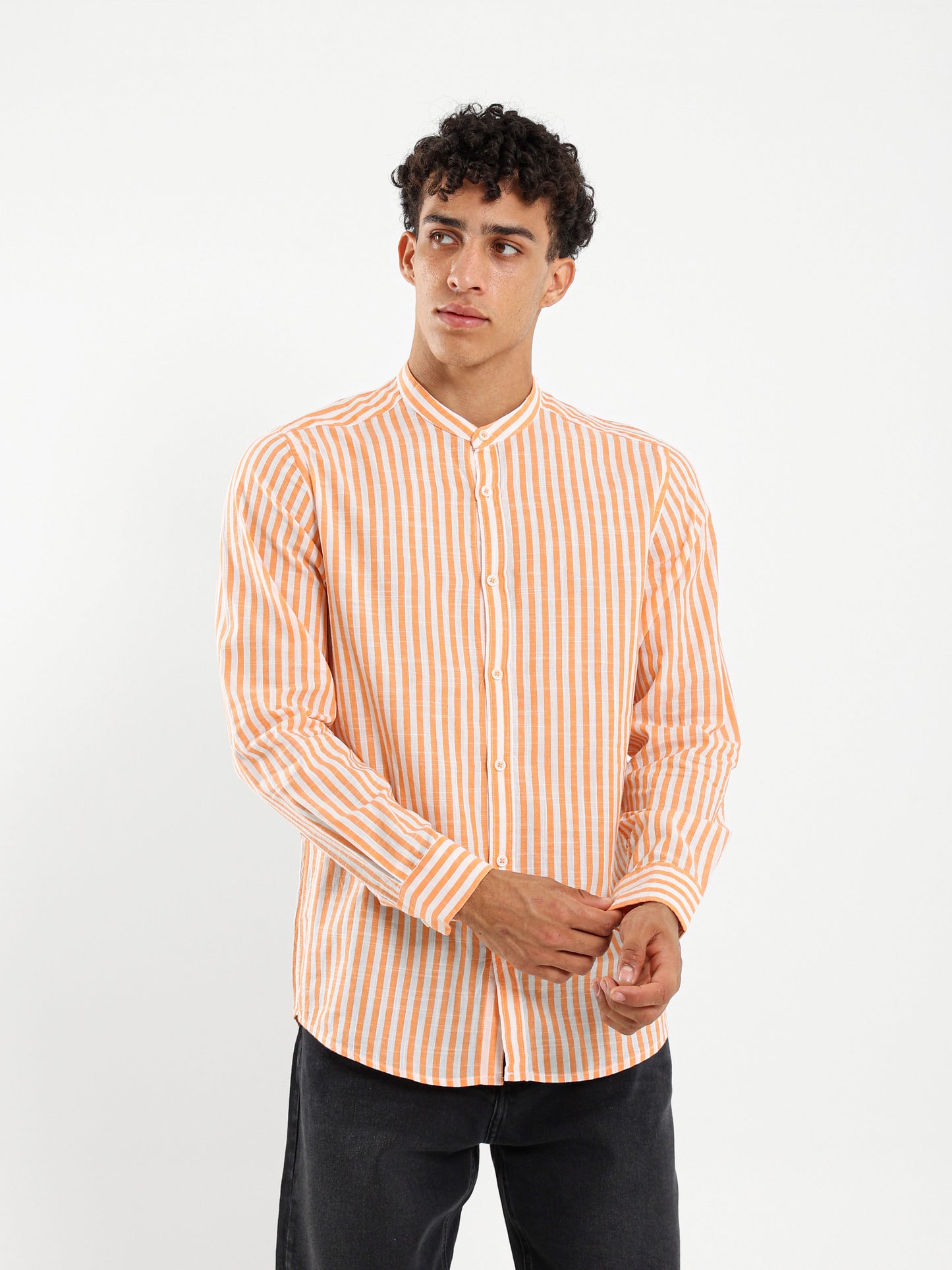 Linen Striped Grandad Collar Shirt
