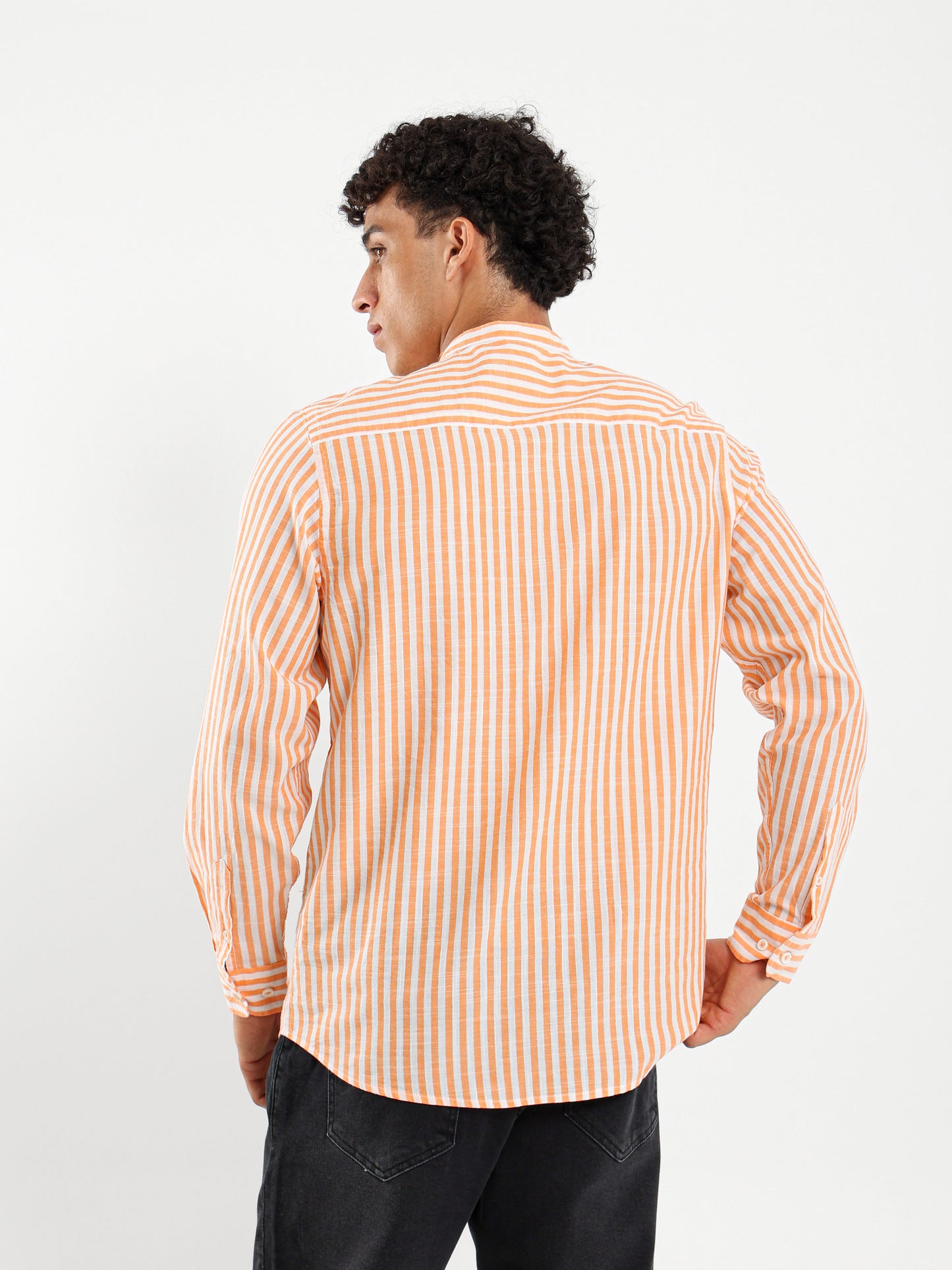Linen Striped Grandad Collar Shirt