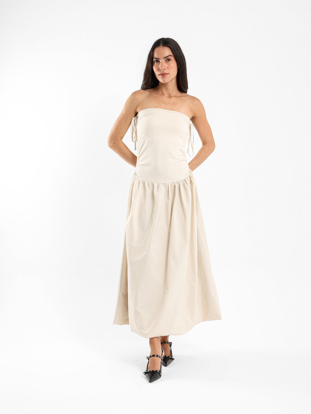strapless puffy midi dress Puffy Midi Dress with Straps – OR