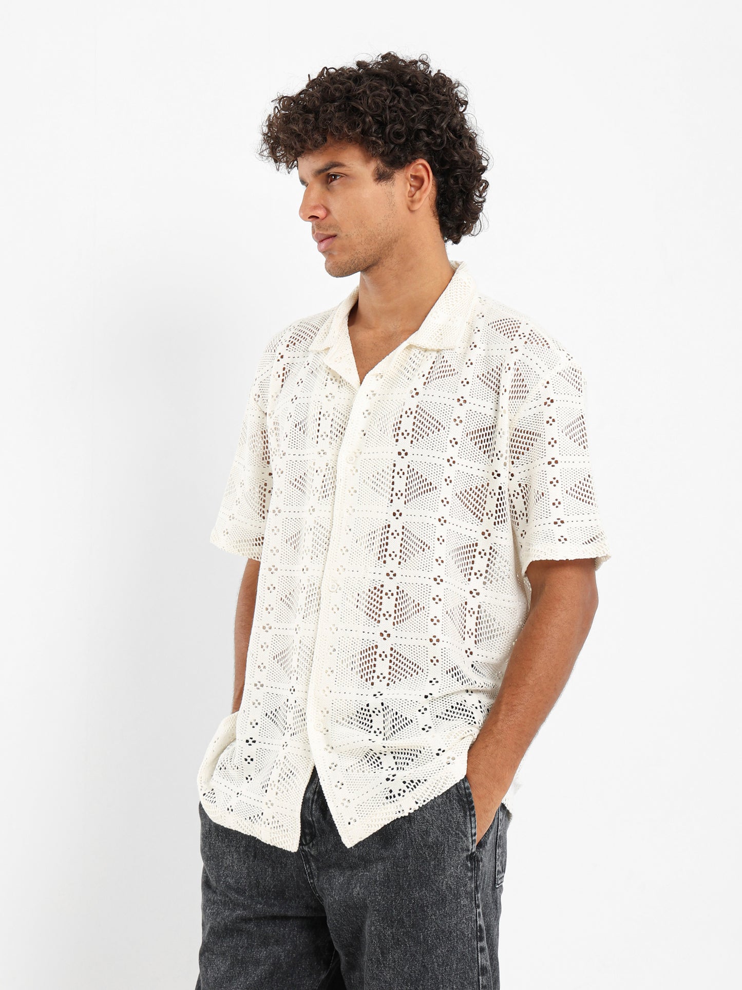 Relaxed Fit Crochet Short Sleeve Shirt
