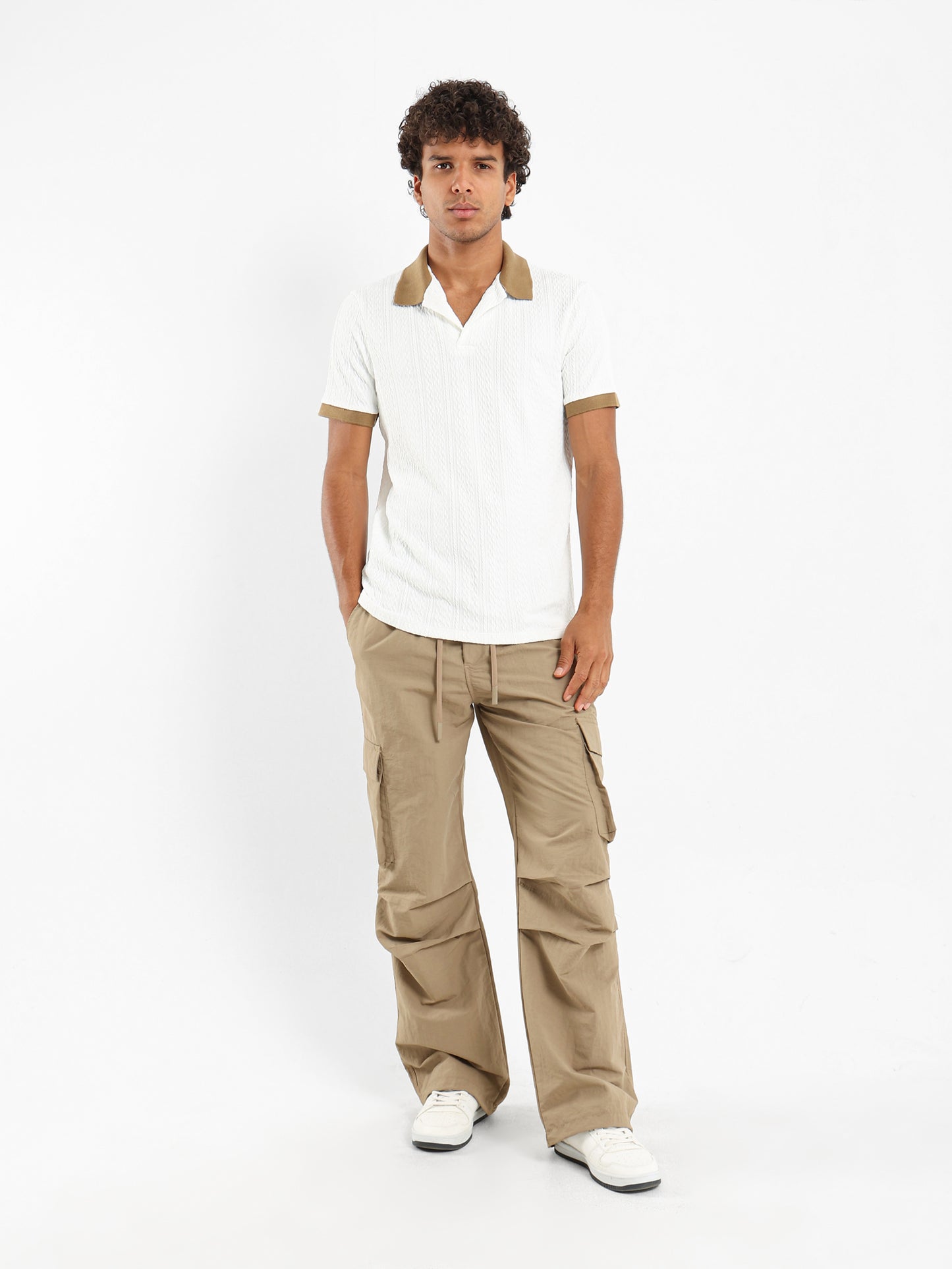 Cable Knit Polo With Contrast Hem And Collar