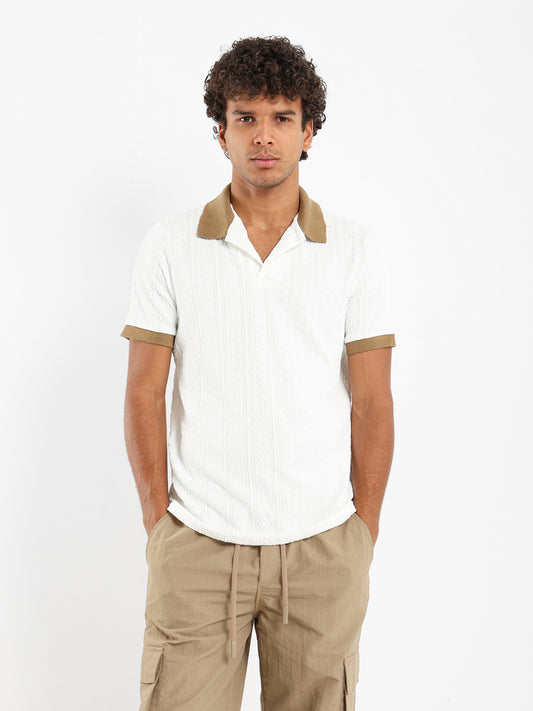 Cable Knit Polo With Contrast Hem And Collar
