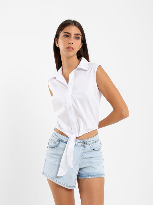 Sleeveless Front-Knot Shirt